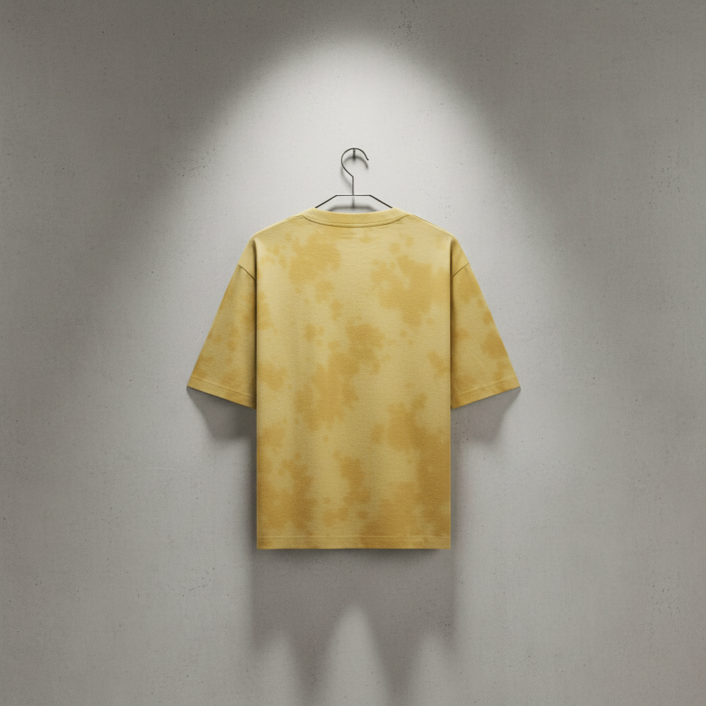 Yellow t-shirt on a hanger against a gray wall