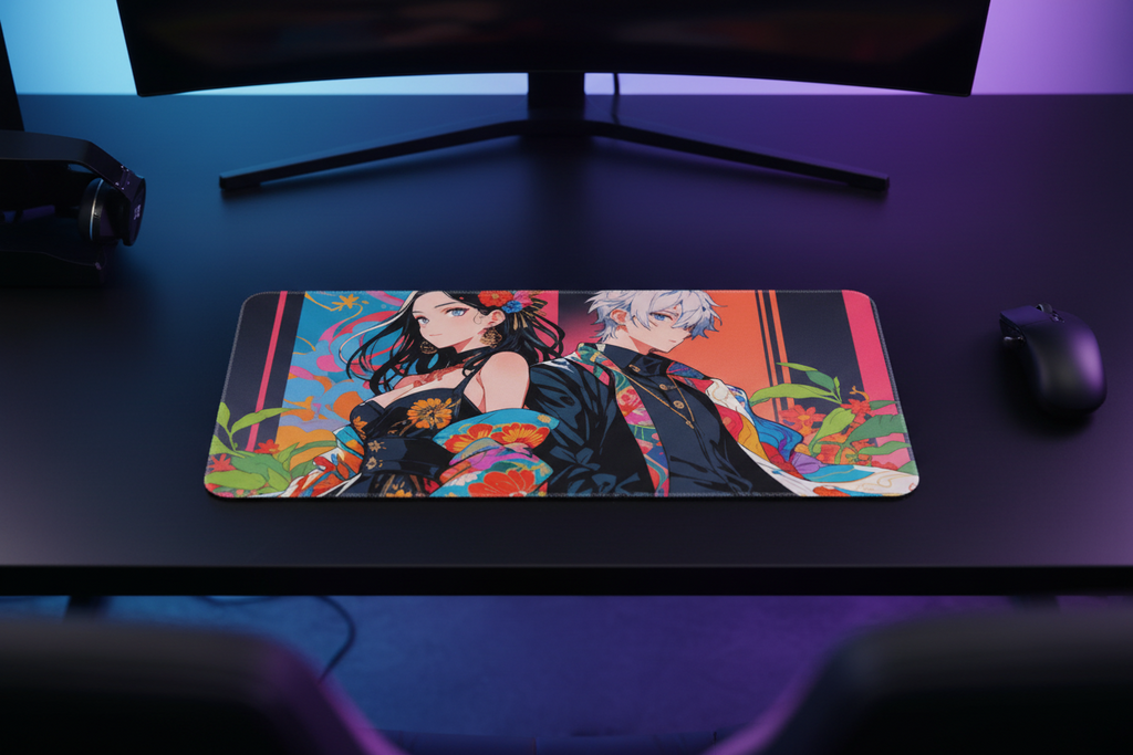 Anime Couple Floral Kimono Gaming Pad - Vibrant Pop Art Design