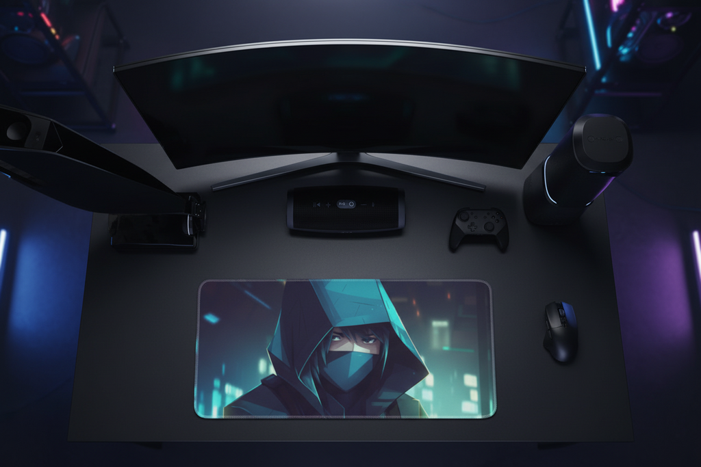 Cyberpunk Ninja Teal Hood Gaming Pad - Anime Stealth Design