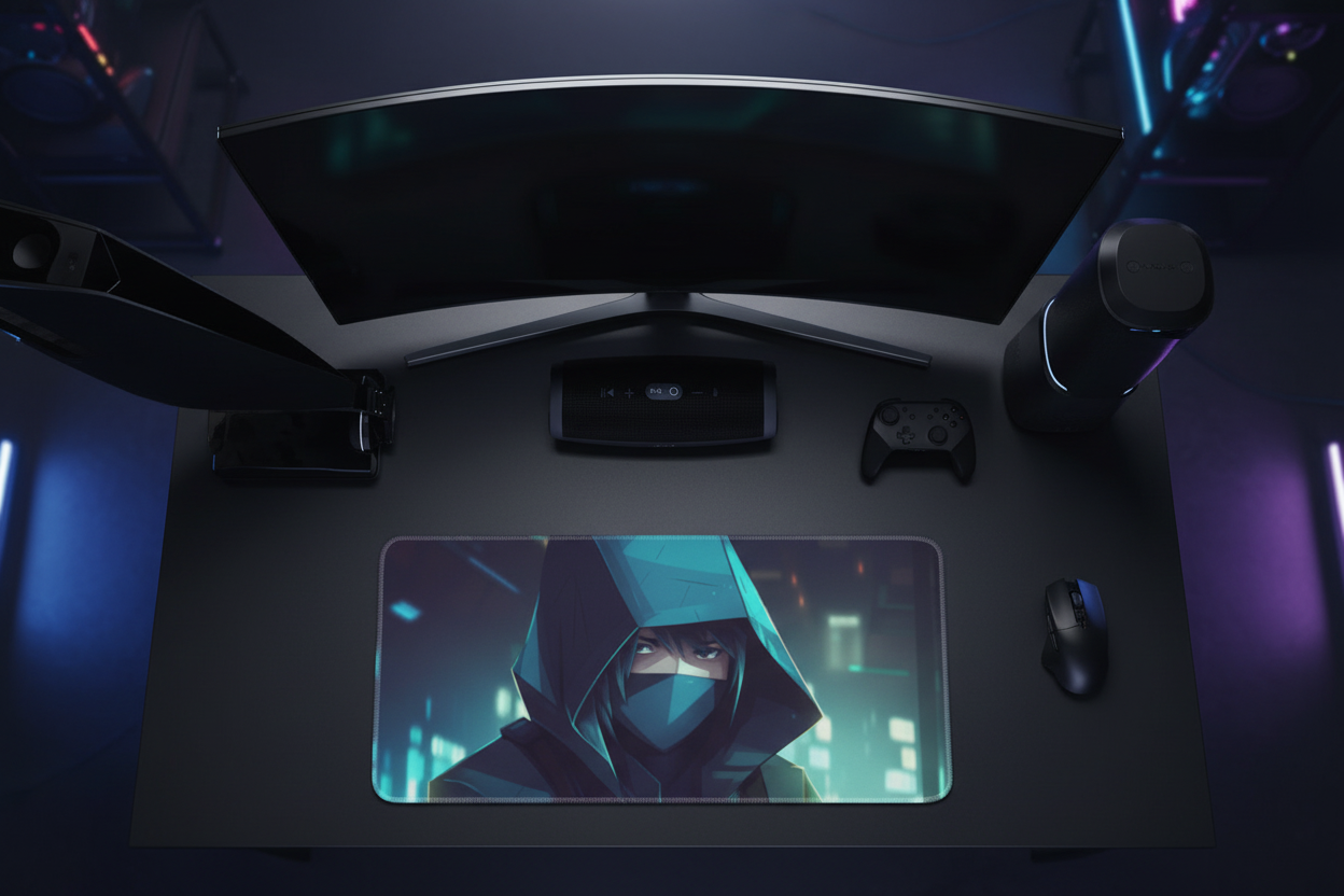 Cyberpunk Ninja Teal Hood Gaming Pad - Anime Stealth Design