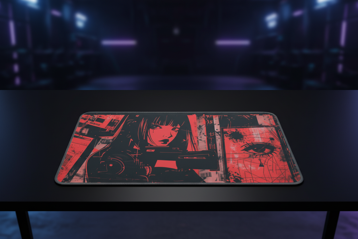 Red Glitch Anime Girl Gaming Pad - Dark Street Art Design