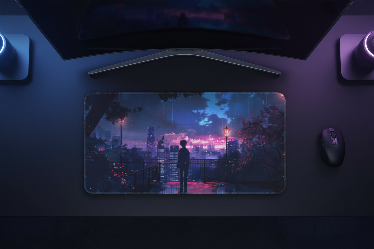 Anime Boy Neon City Skyline Gaming Pad - Lofi Night Design