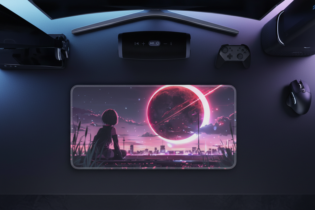 Neon Eclipse Anime Girl Gaming Pad - Dystopian City Design