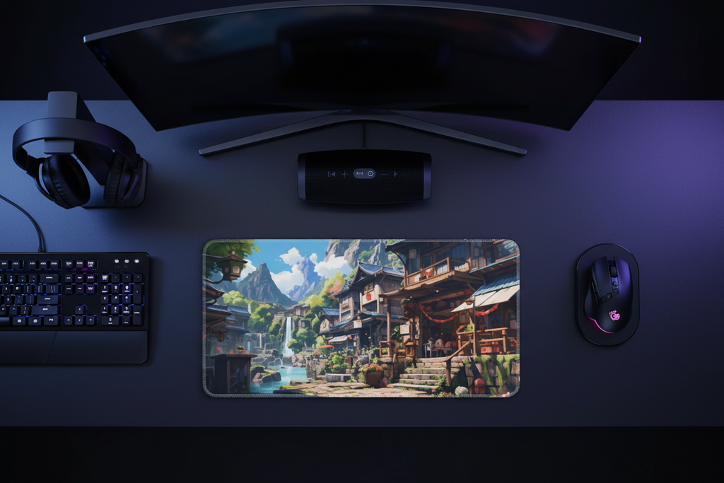Anime Mountain Village Gaming Pad - Ghibli Style Fantasy Design