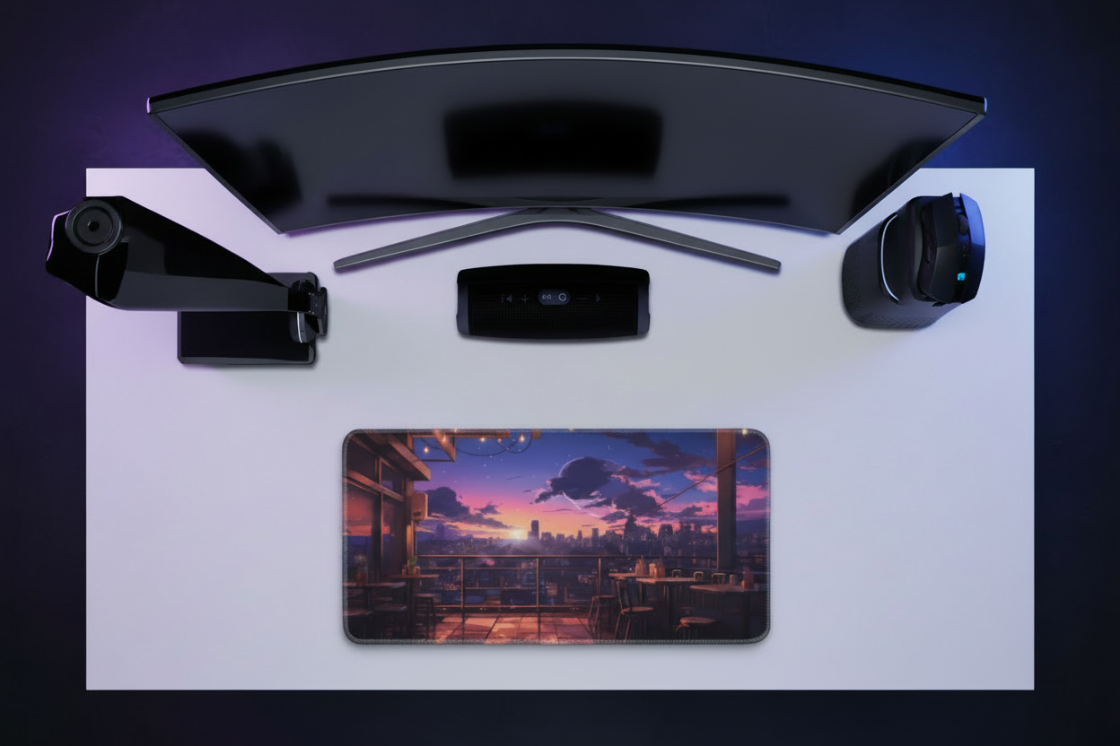 Anime Rooftop Café Twilight Gaming Pad - Purple Sky City Design