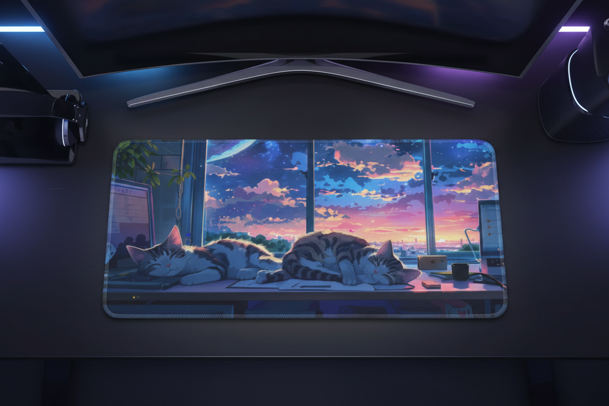 Lofi Cats Sunset Window Gaming Pad - Anime Chill Desk Design
