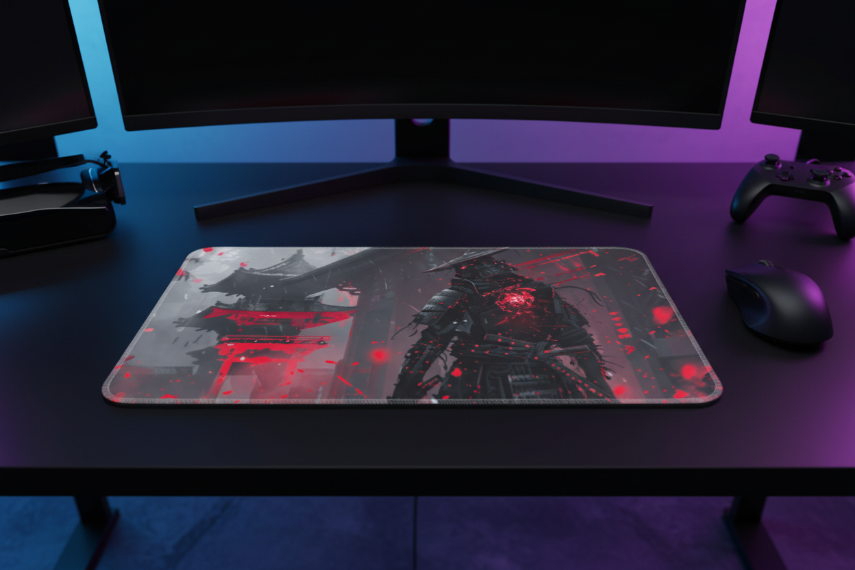 Cyberpunk Samurai Red Core Gaming Pad - Dark Feudal Japan Design