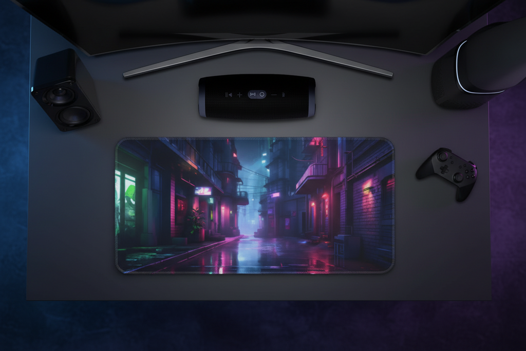 Neon Rain Alley Gaming Pad - Cyberpunk Night City Design