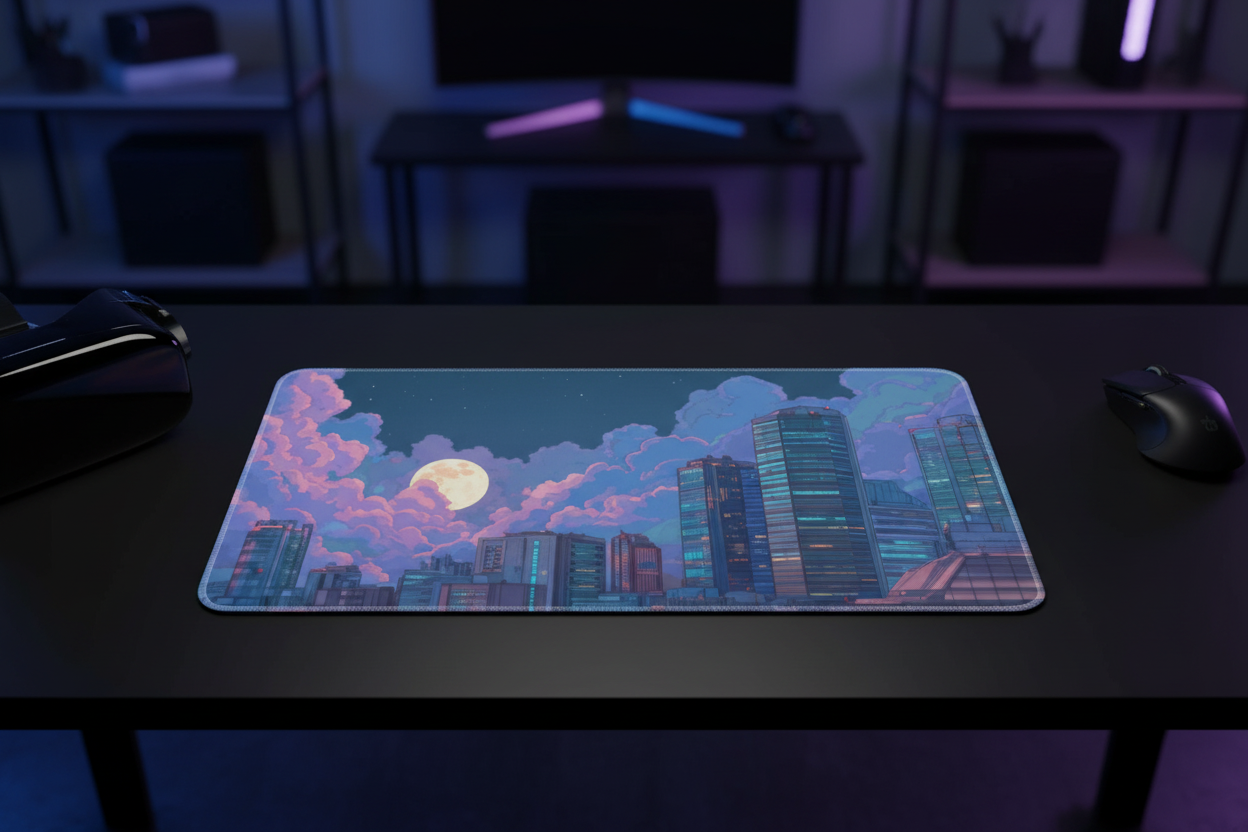 Pixel Art City Moonrise Gaming Pad - Lofi Night Skyline Design