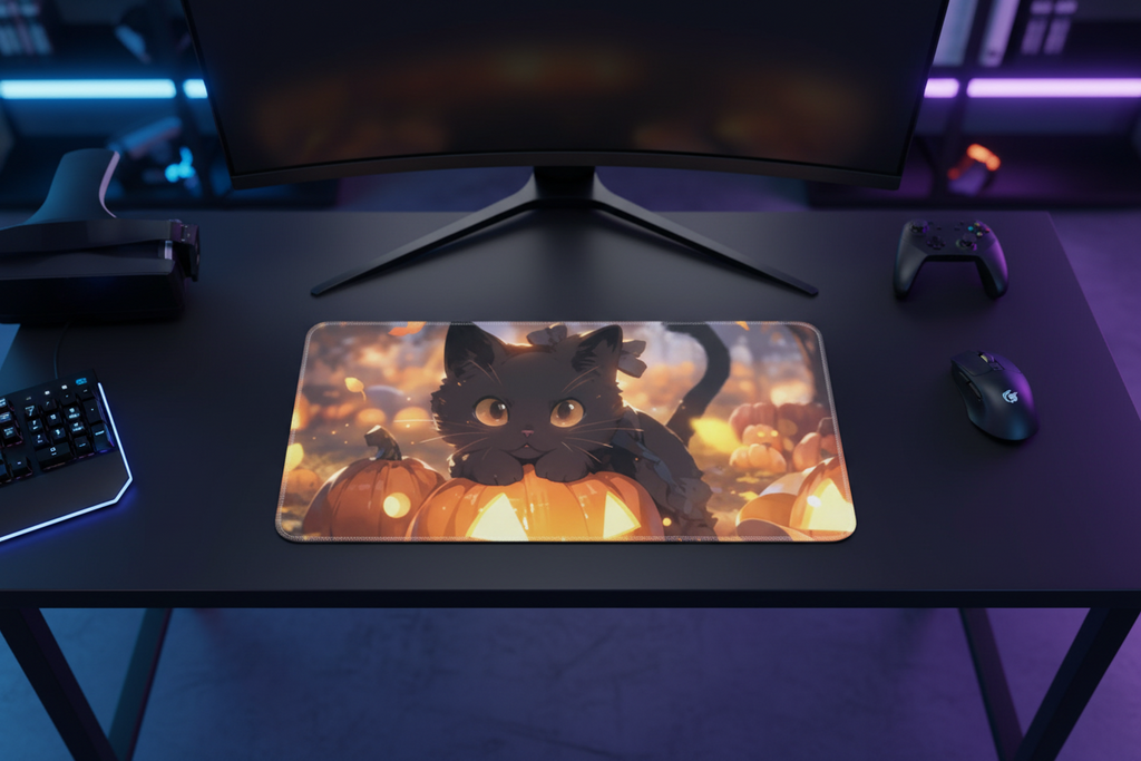 Halloween Black Cat Pumpkin Gaming Pad - Anime Cozy Desk Design