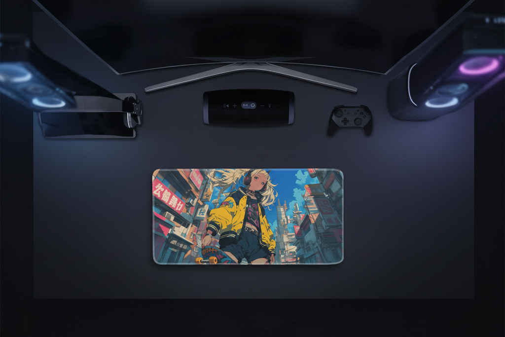 Anime Skater Girl Tokyo Street Gaming Pad - Neon City Varsity Design