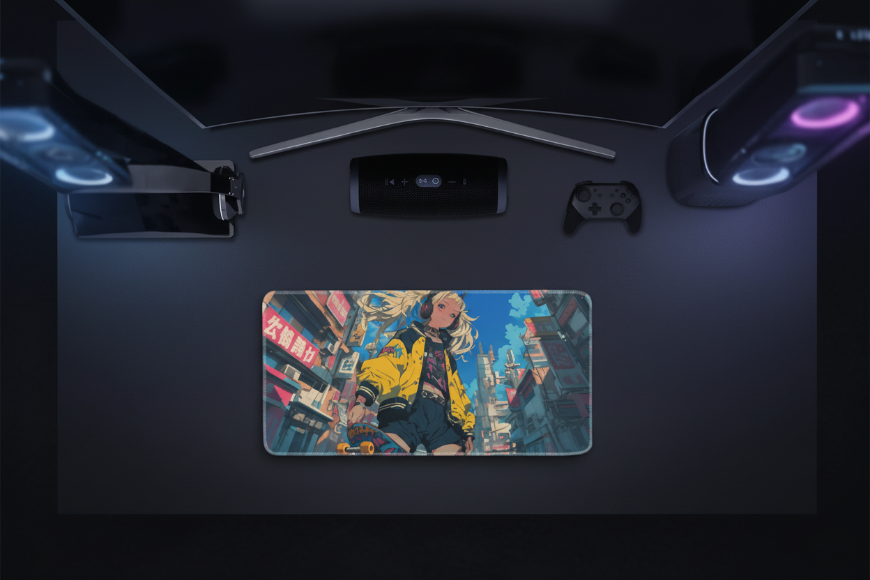 Anime Skater Girl Tokyo Street Gaming Pad - Neon City Varsity Design