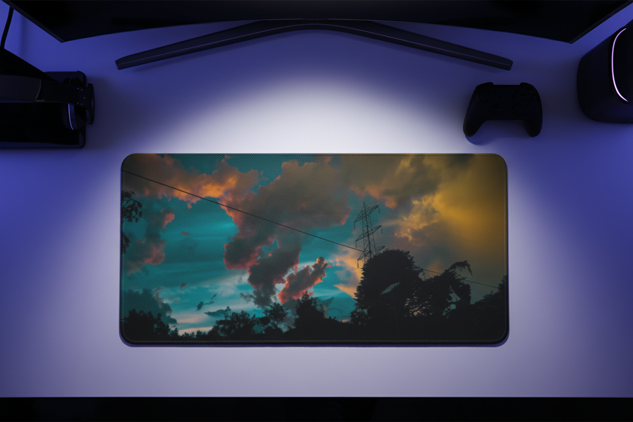 Anime Storm Sky Gaming Pad - Teal Gold Dramatic Cloud Design