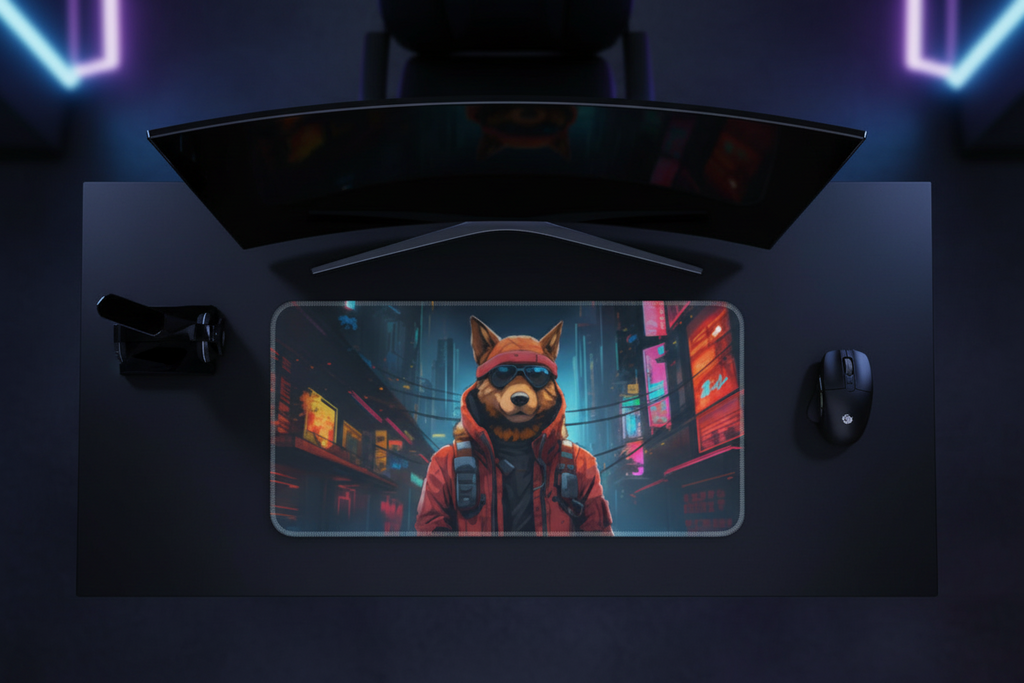 Neon City Fox Gaming Pad - Cyberpunk Street Hunter
