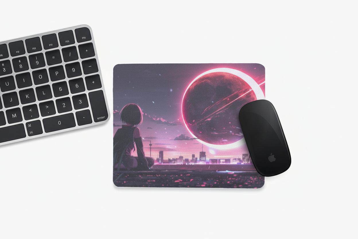 Mouse Pad - Anime Girl Neon Eclipse Dystopian City Design