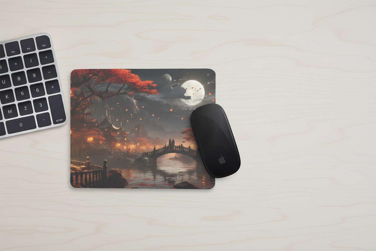 Mouse Pad - Anime Autumn Night Bridge Lantern Moon Design