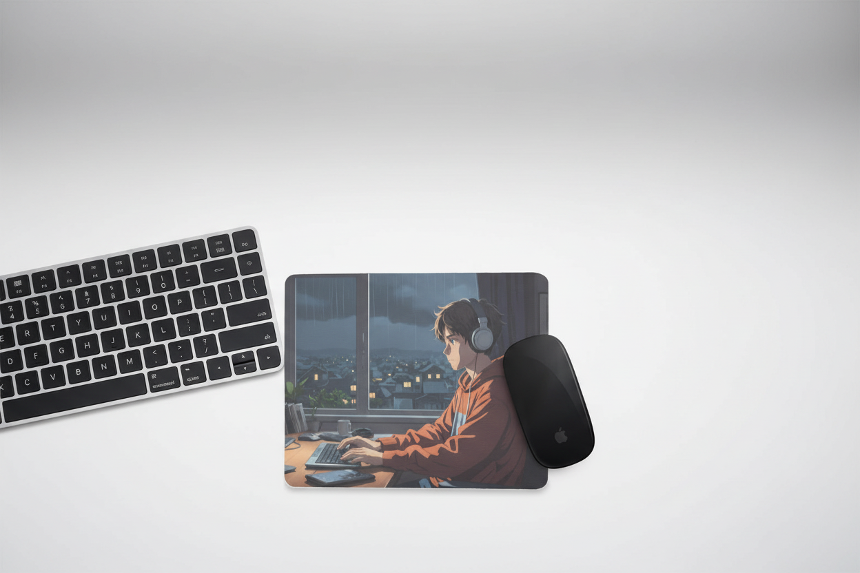 Mouse Pad - Lofi Anime Boy Rainy Night City Design