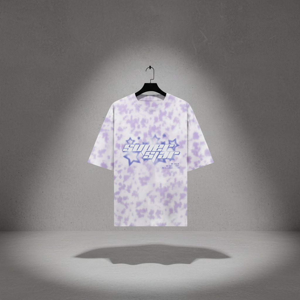 Purple tie-dye t-shirt with a logo on a hanger against a gray background